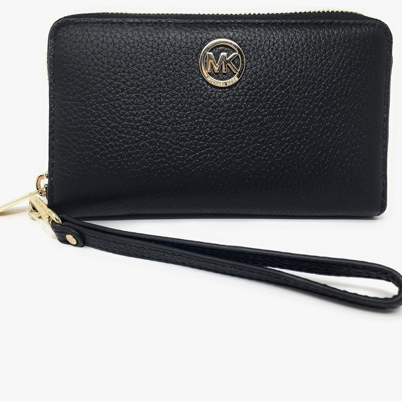 Michael Kors Black Fulton Leather Phone Case Wristlet with Goldtone hardware - Picture 1 of 7